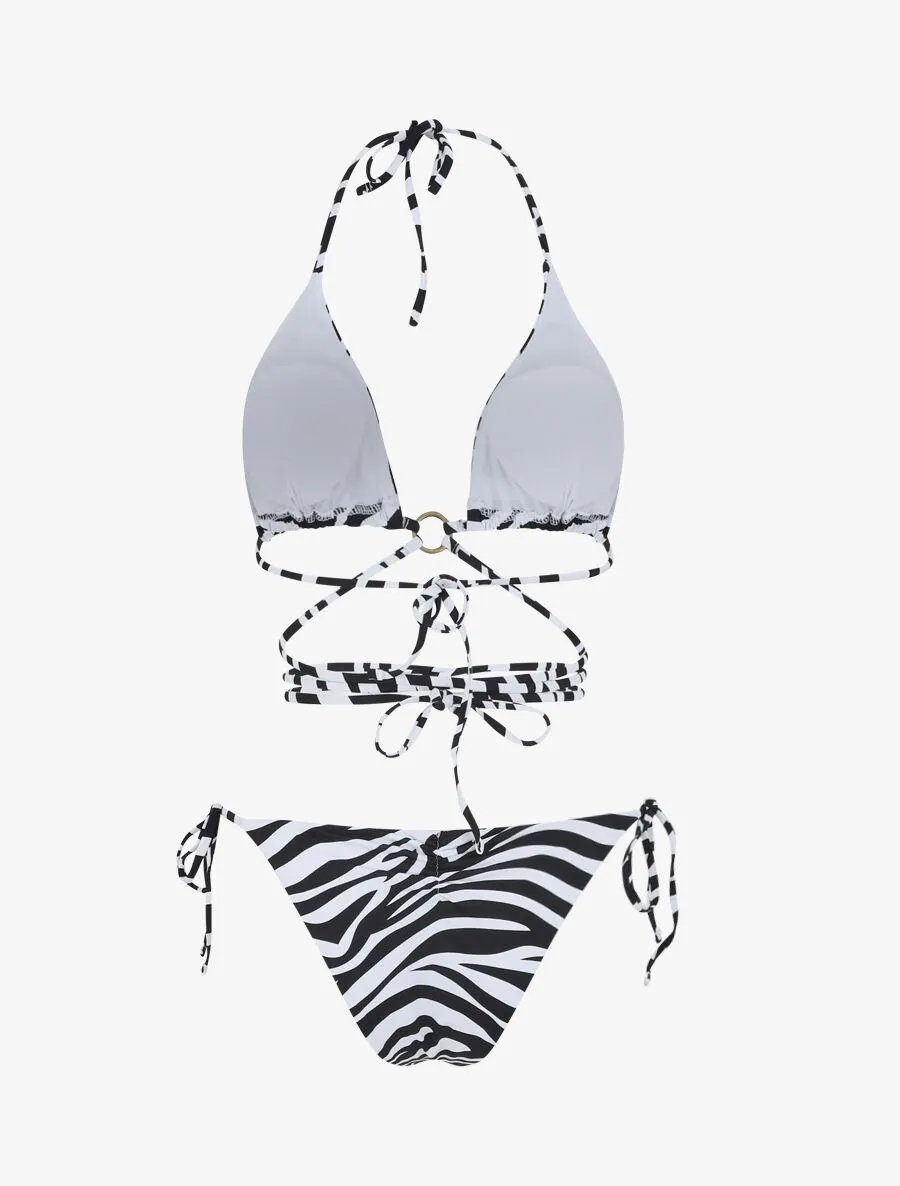 Bikini triangle à nouer imprimé zebré - Noir