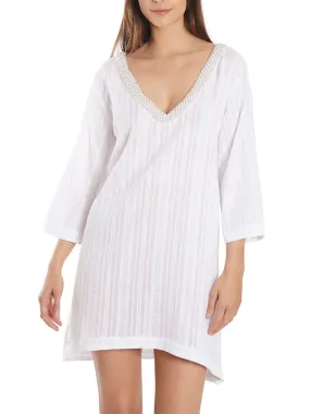 Caftan de plage perles manches trois-quarts - Blanc