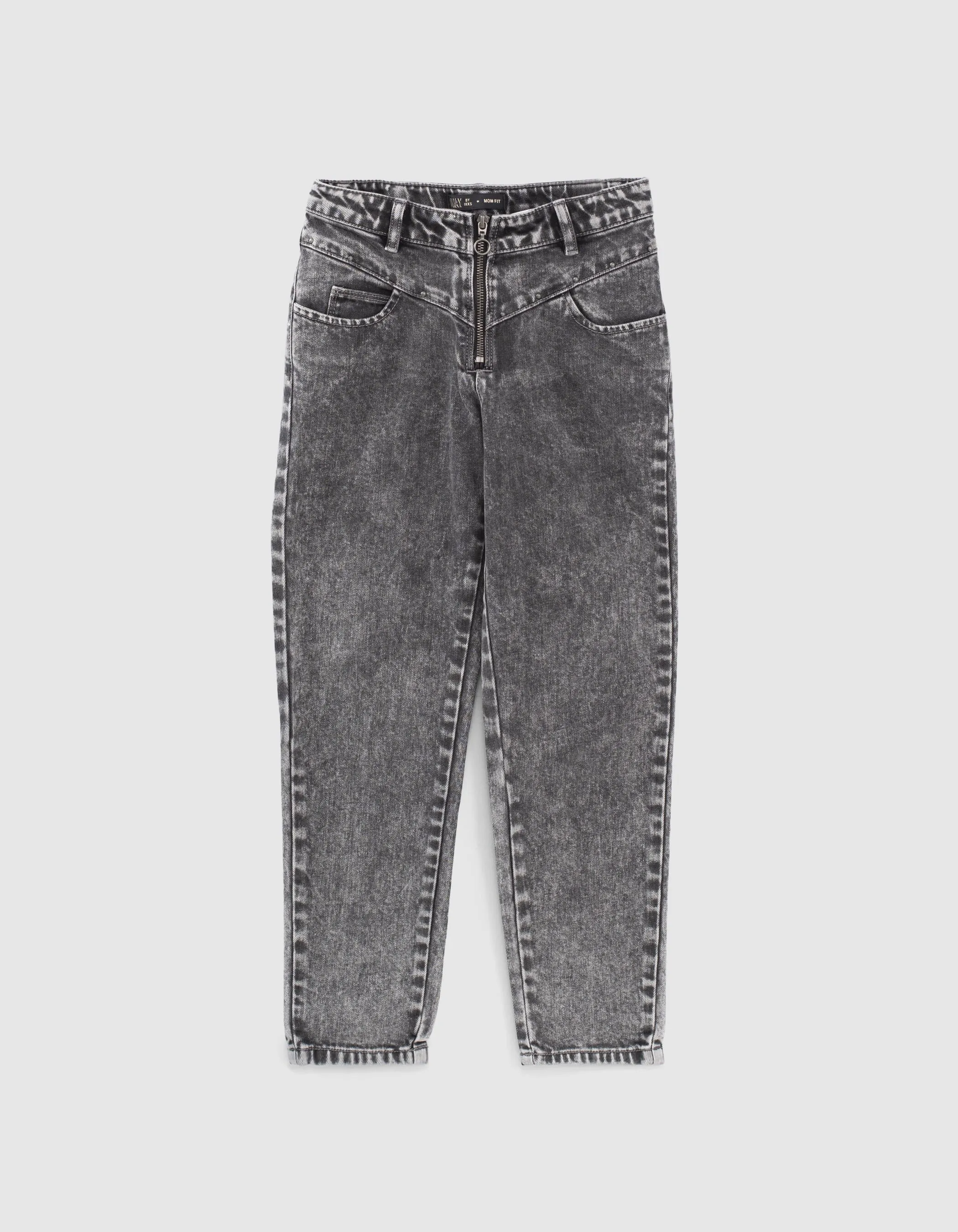 Jean mom light grey zippé à clous fille