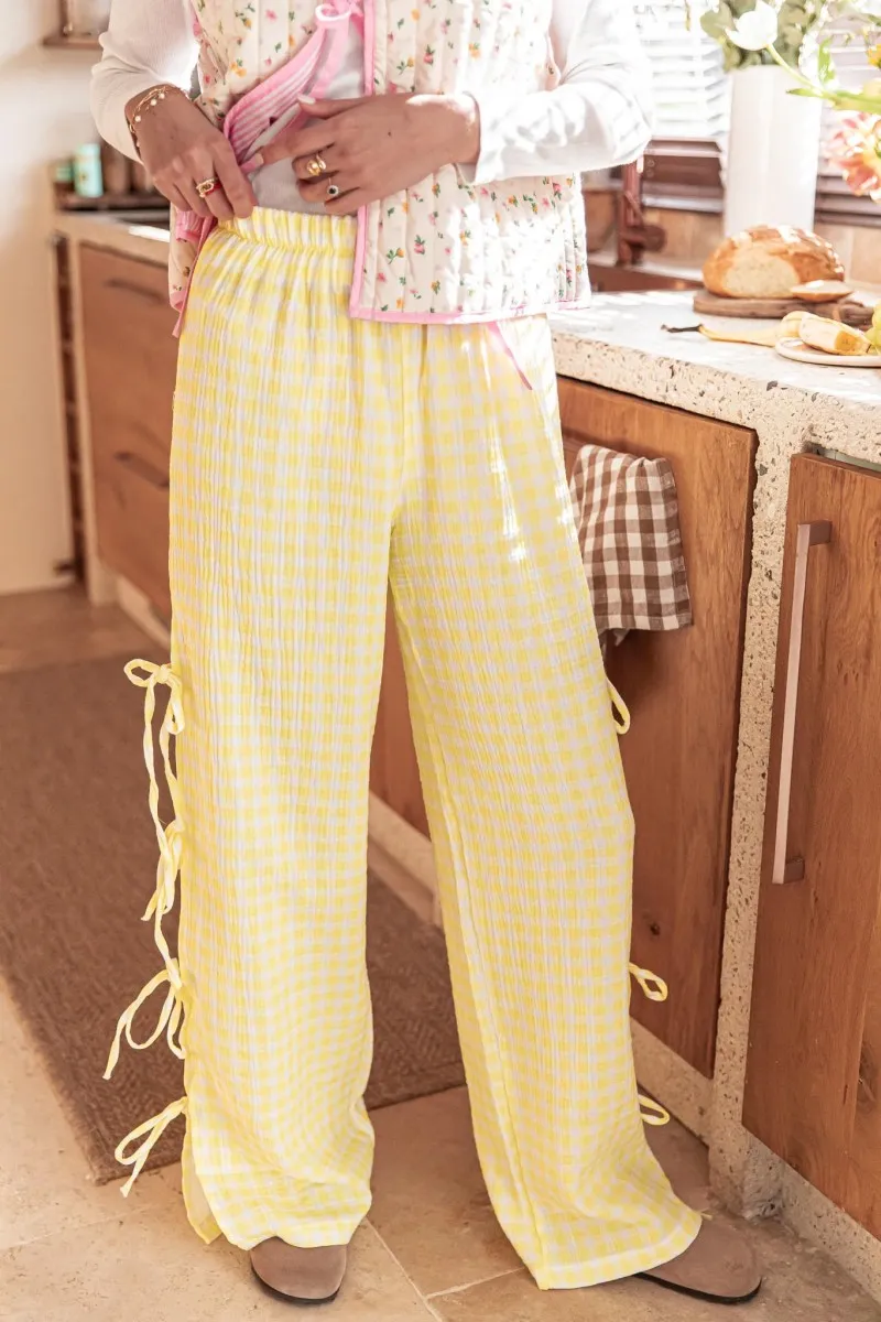JOULIA Jaune - Pantalon Vichy à noeuds gaze de coton