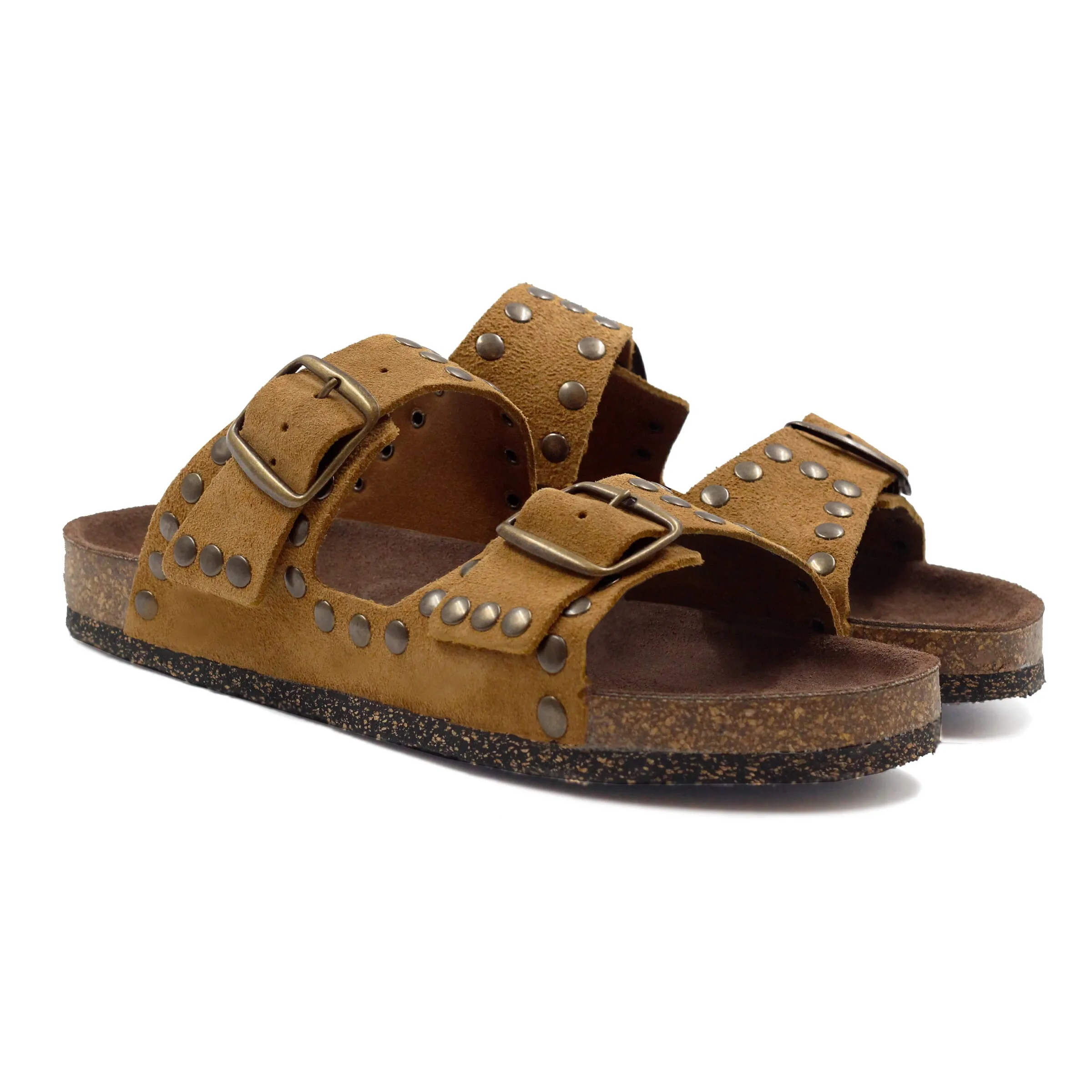Mules liège cloutées cuir daim camel