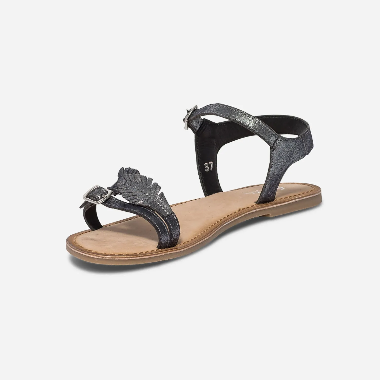 Sandale noire en cuir métallisé à feuilles - Sandales Enfant | ERAM