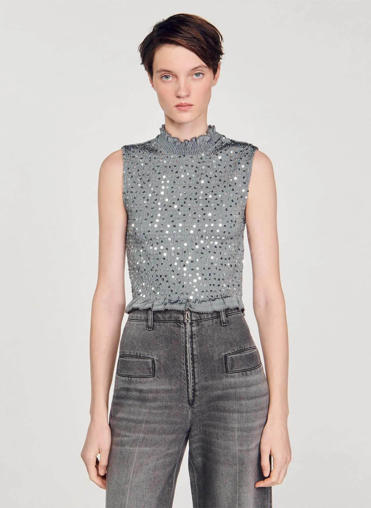 TOP SMOCKé à SEQUINS - SANDRO pour FEMME | Printemps