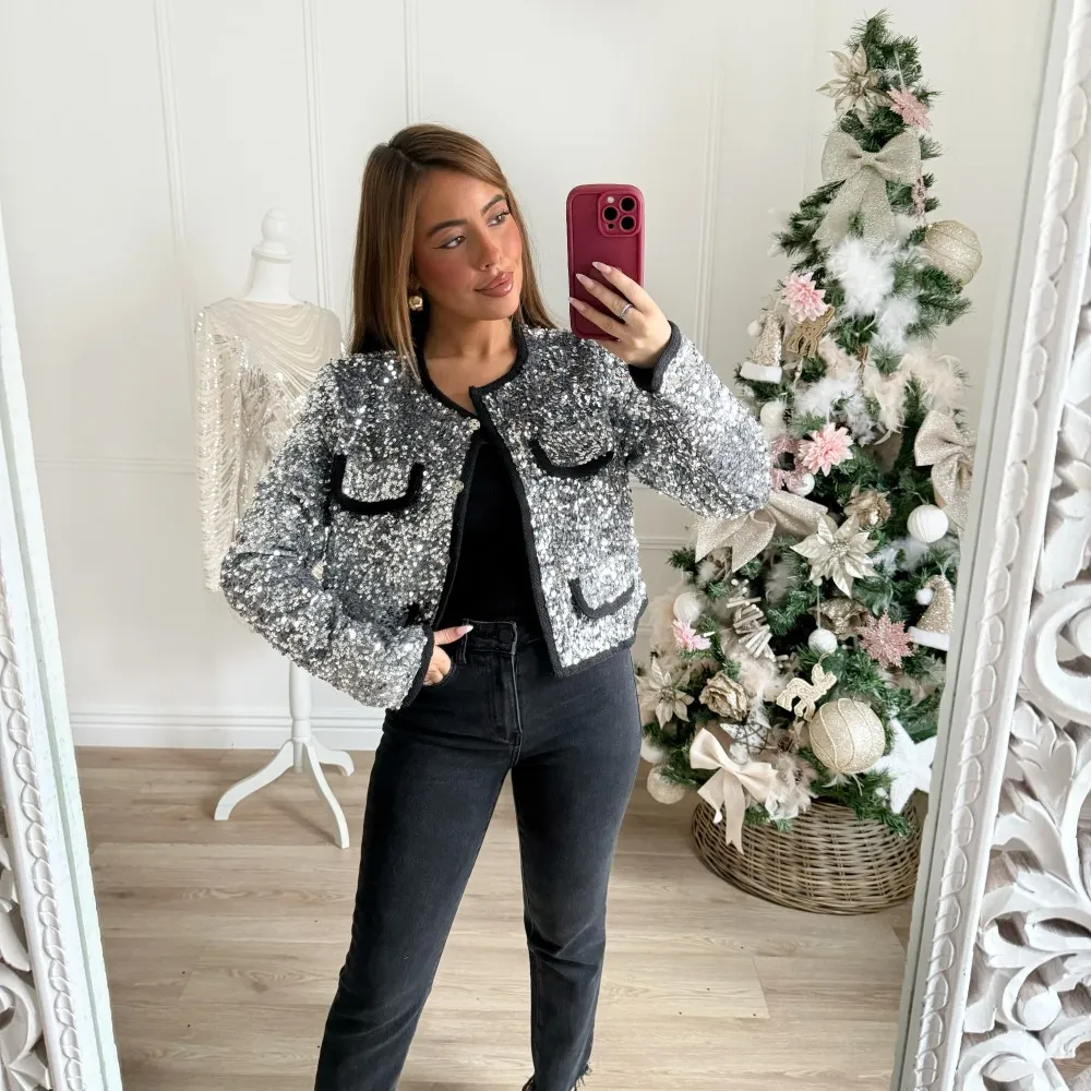 VESTE STYLE OFFICIER SEQUINS ARGENT